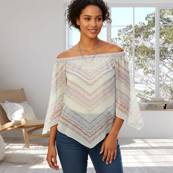BCBGMAXAZRIA XXS 100% Silk Off-Shoulder Blouse Neutral Boho Top Multi-Color - Picture 1 of 15
